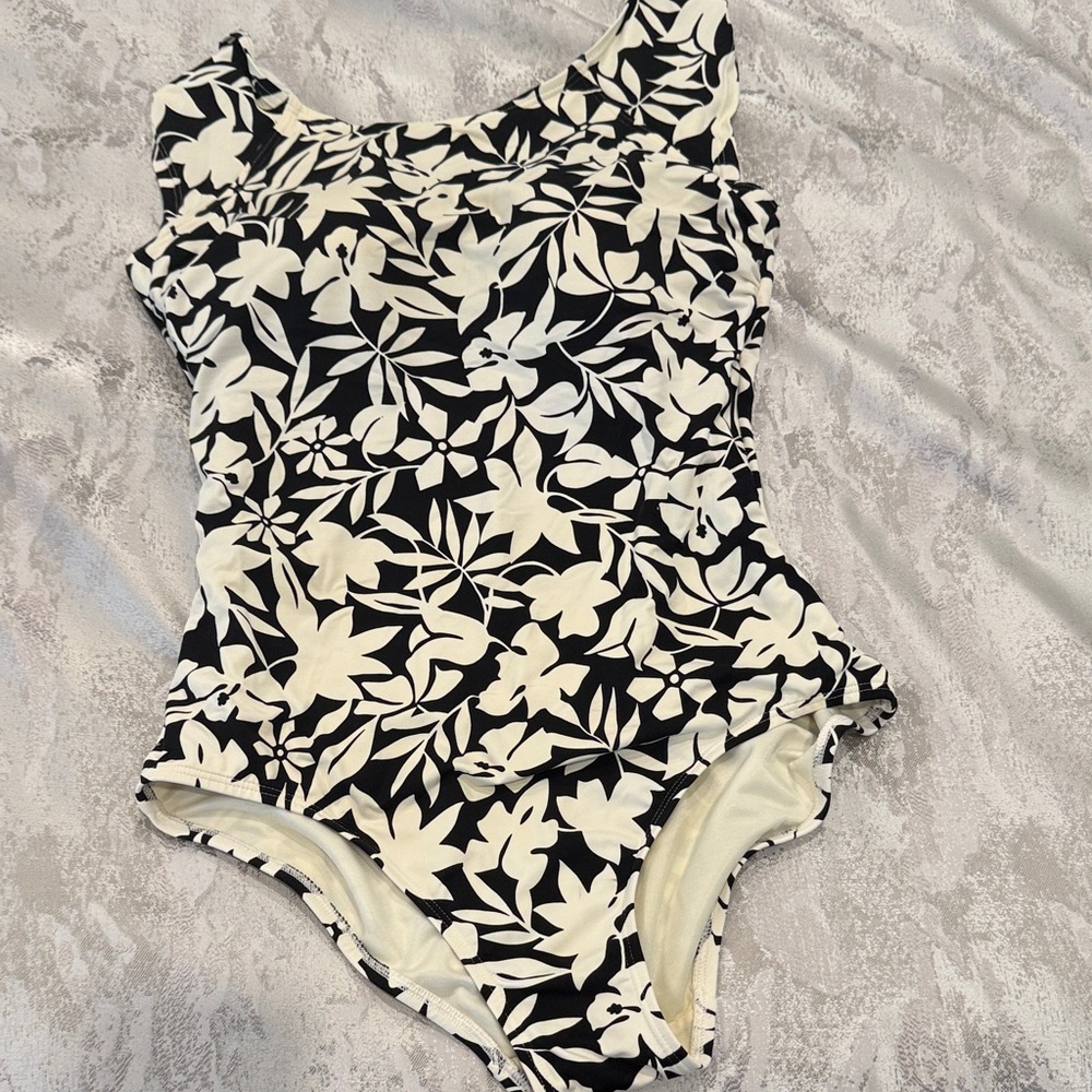 Lands' End Black and White Floral Scoop One-Piece